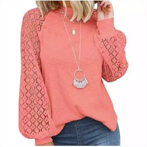 Miholl Peach Crochet Lace Sleeve Waffle Top